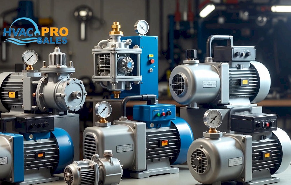 HVAC vacuum pumps with gauges and vacuum-rated hoses used for deep system evacuation