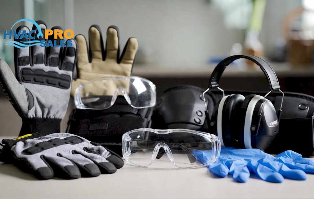 HVAC work gloves, safety glasses and protective gear laid out for technicians