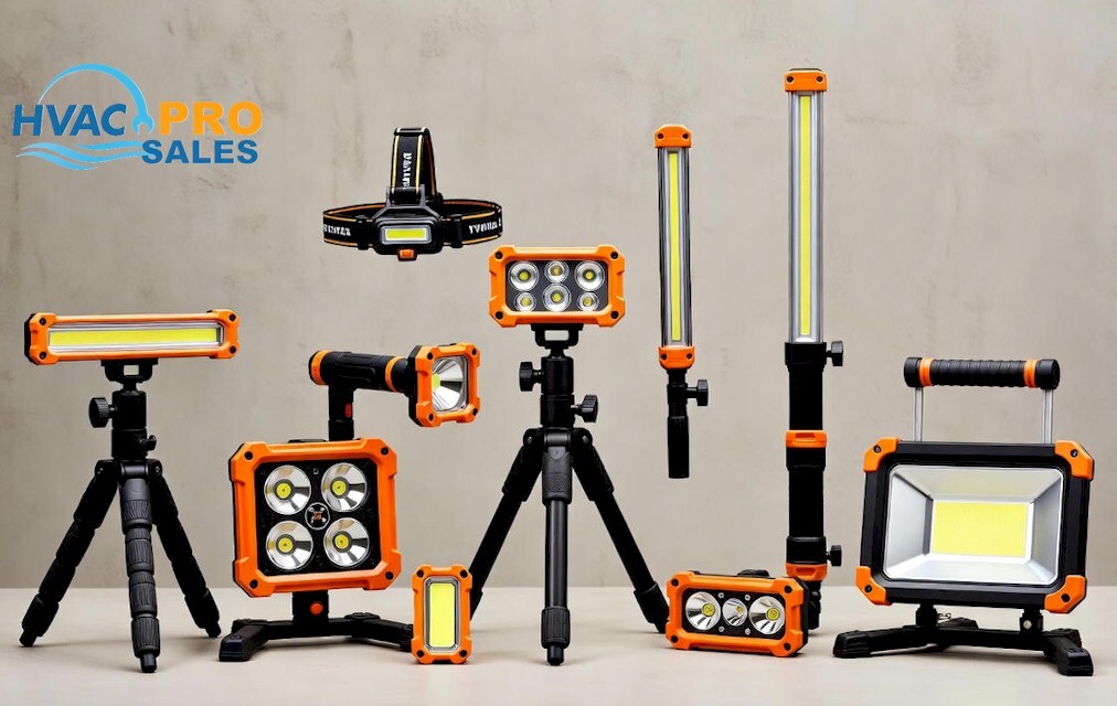 Worksite lighting including LED headlamps, portable flood lights and magnetic work lights