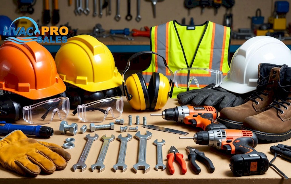 Worksite safety gear including cones, caution tape, safety signs and fire extinguisher