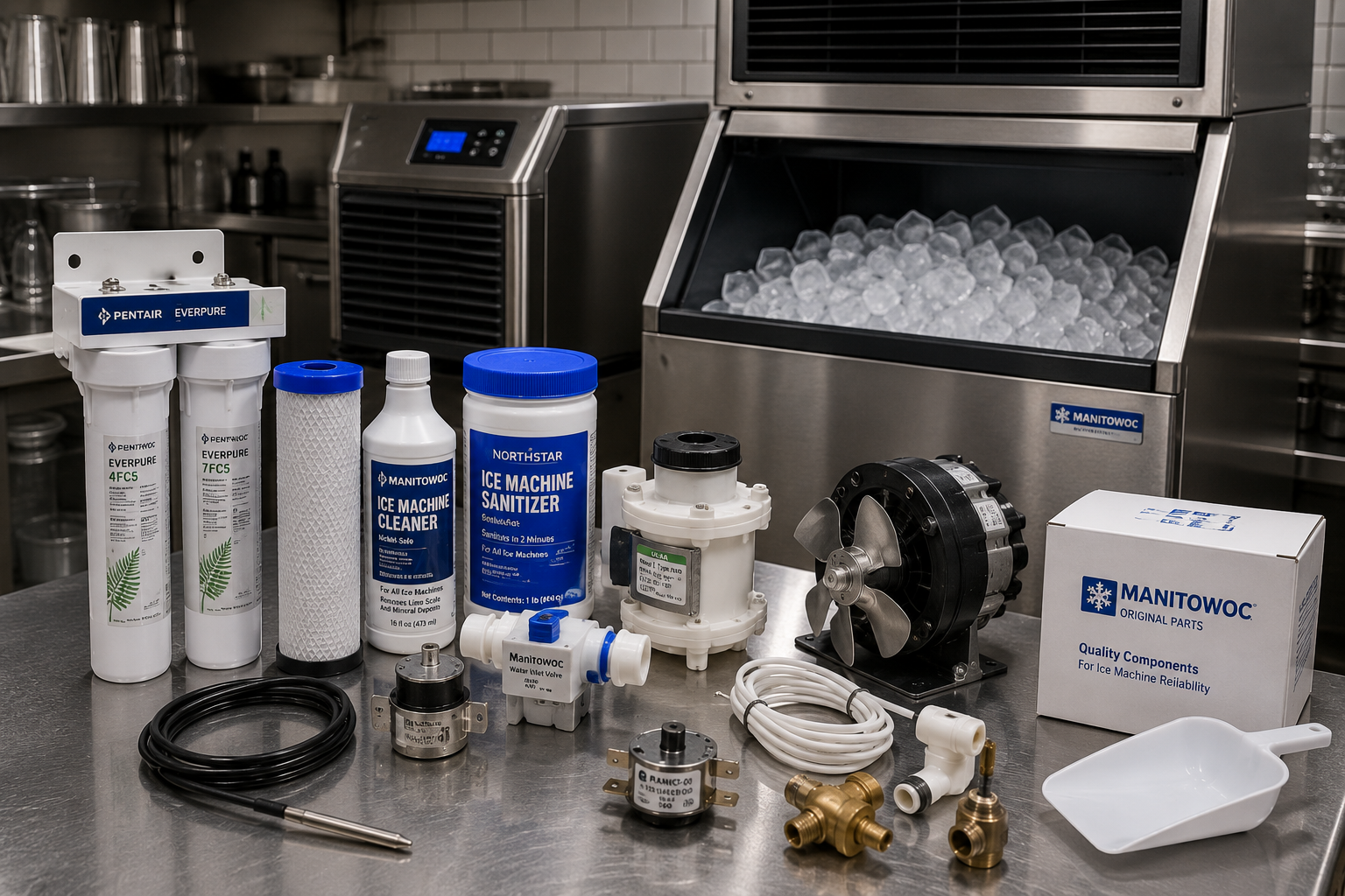 Commercial ice machines, OEM ice machine parts, refrigeration components, water filters, pumps, valves, and foodservice equipment