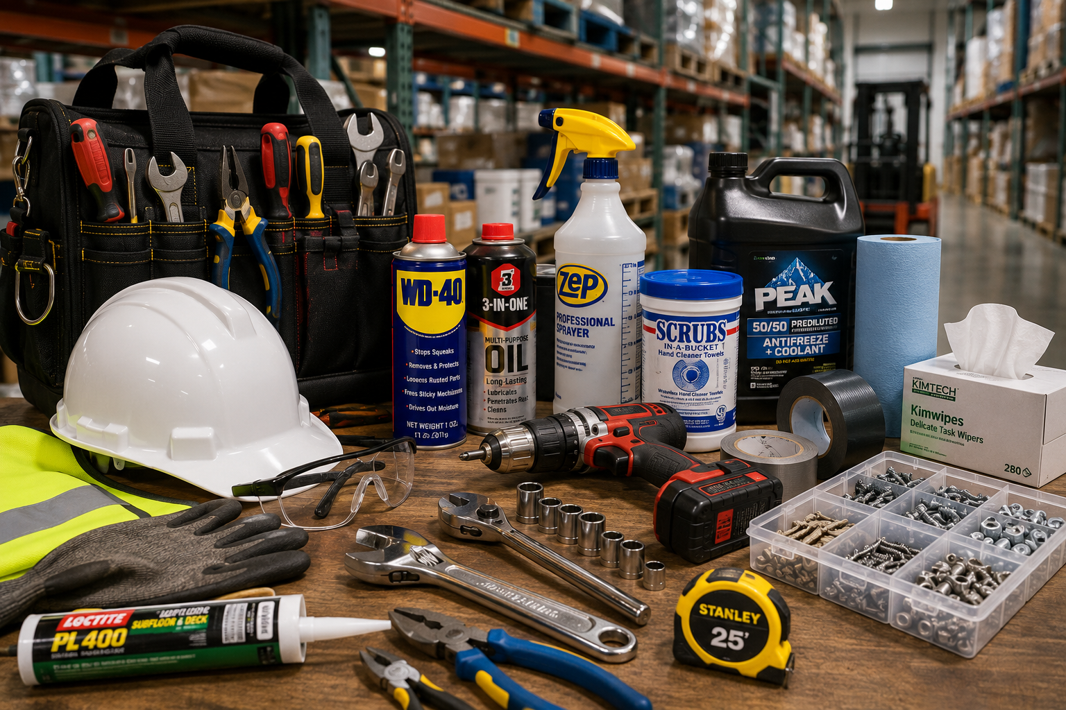 MRO industrial supplies, facility maintenance products, PPE safety equipment, tools, hardware, cleaners, lubricants, and operational supplies