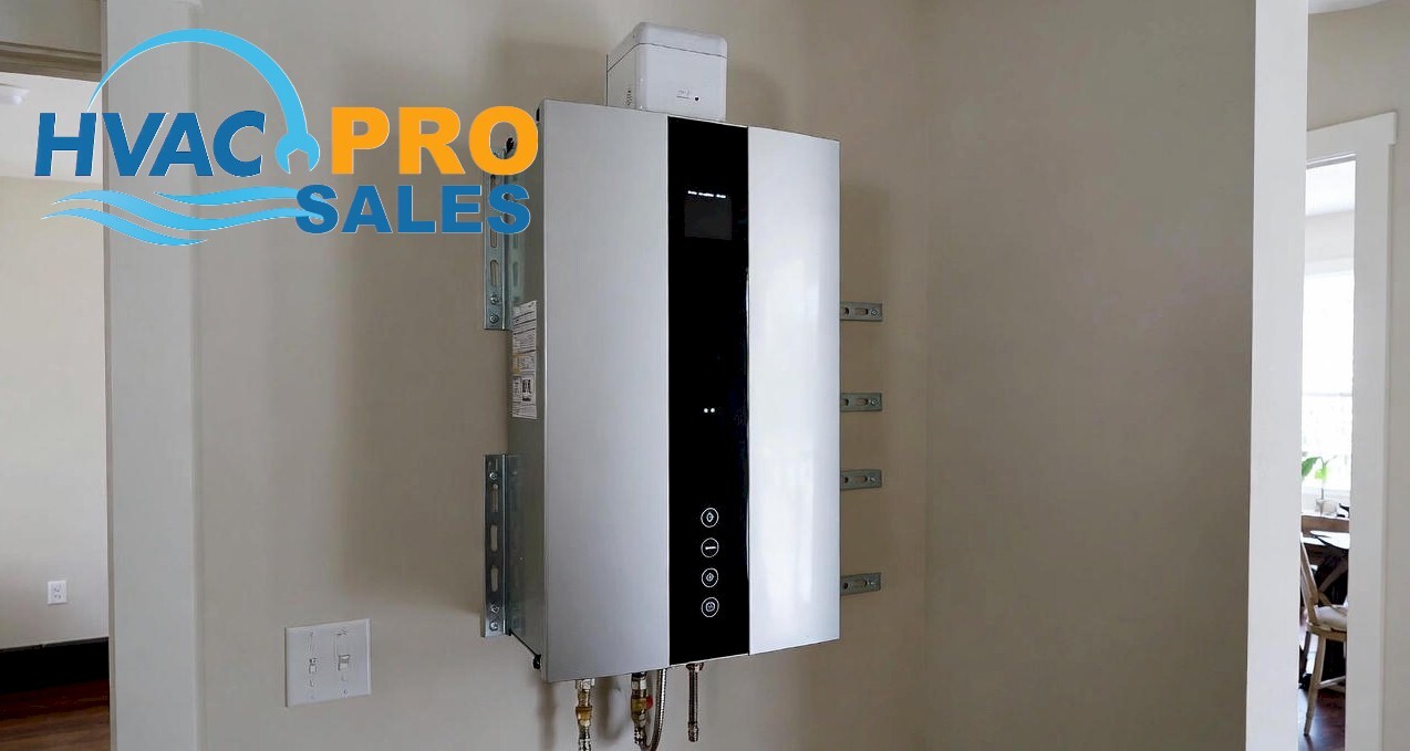 High-efficiency tankless water heater installed on wall