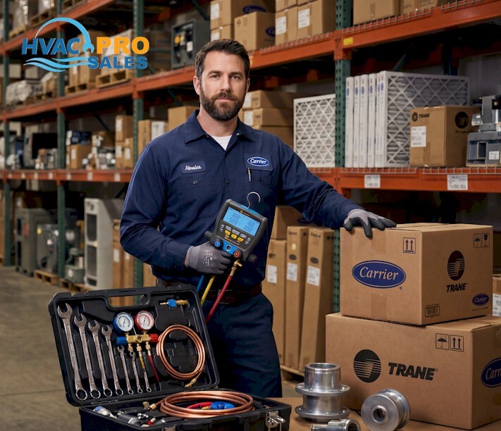 Professional HVAC technician with digital manifold gauge and OEM parts in warehouse