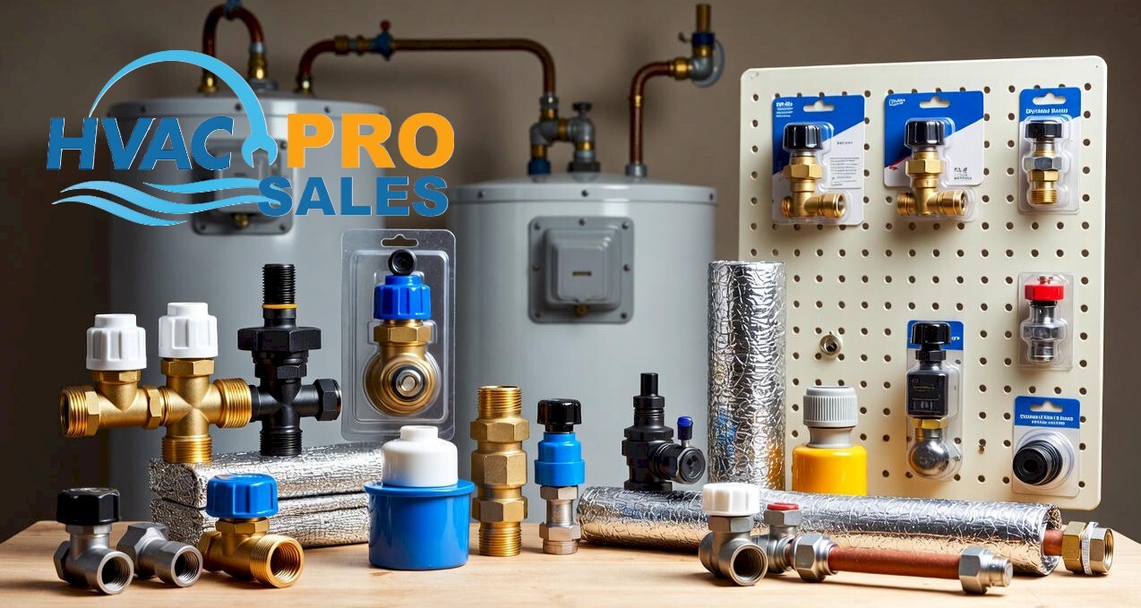 Water heater accessories and fittings including flex connectors, valves and pans