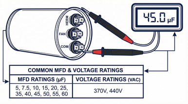 HVAC dual-run capacitor size chart diagram showing MFD and voltage ratings