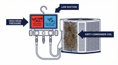 HVAC digital manifold gauges showing high head pressure and low suction pressure diagnosis
