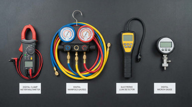 Best HVAC diagnostic tools including digital manifold gauges, clamp meter, leak detector, and micron gauge