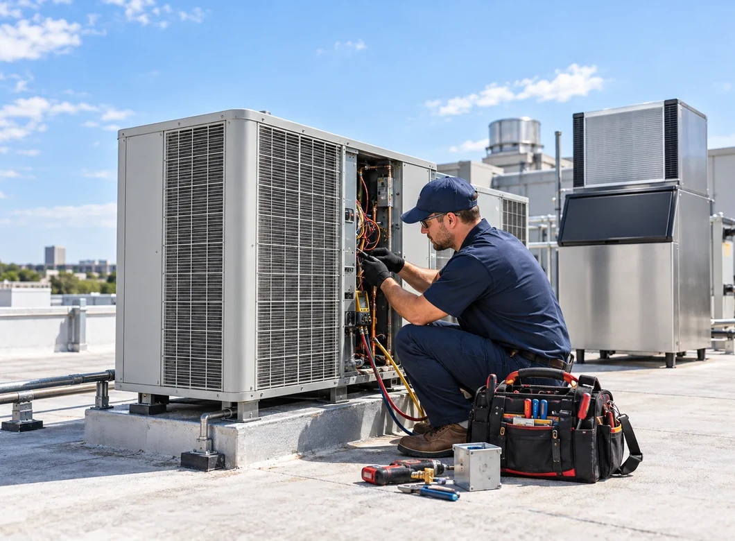 HVAC technician servicing commercial air-conditioning equipment with professional tools and commercial ice equipment