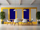 Modern meeting area with a wooden table, white chairs, and colorful acoustic wall panels in yellow, blue, and gray.