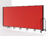 Large red rolling partition wall with multiple panels on casters, shown against a white background.