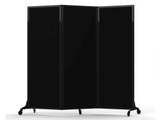 Black folding privacy screen on wheels, shown against a white background.