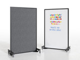 Two wheeled divider panels side by side, one fabric-covered and one whiteboard with colorful alphabet and numbers.