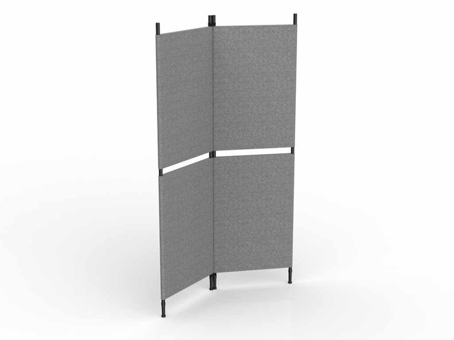 Freestanding curved gray partition screen with four fabric panels on slim black supports.