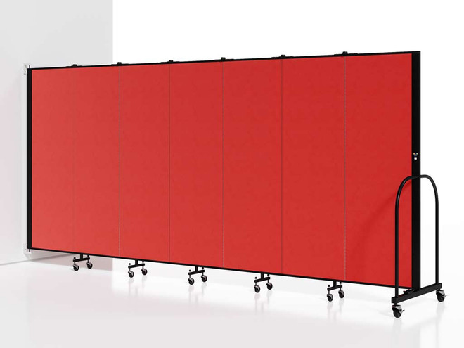 Large red rolling partition wall with multiple panels on casters, shown against a white background.