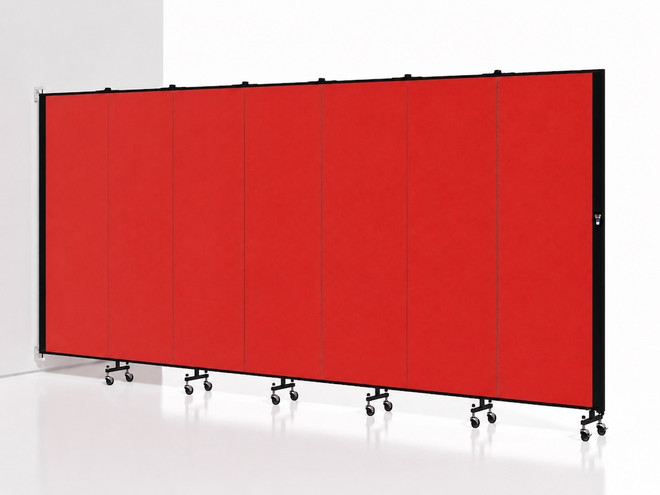 Large red rolling partition wall with multiple panels on casters, shown against a white background.