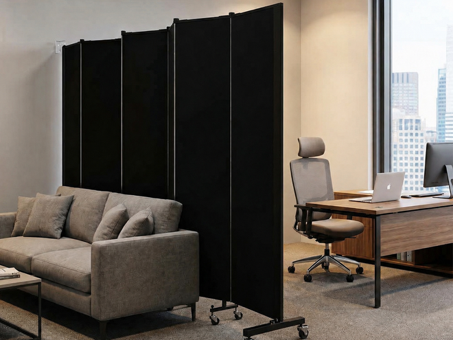 Office lounge with a gray sofa and desk, separated by tall black fabric privacy panels on wheels.