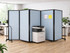 Light blue mobile office partitions enclosing a printer area in an open workspace.