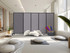 Calm studio space with floor cushions and pillows arranged in front of tall gray rolling partition panels near large windows.