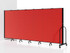 Large red rolling partition wall with multiple panels on casters, shown against a white background.