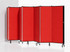 Red folding partition wall with multiple hinged panels on wheels, arranged in a zigzag position against a white background.