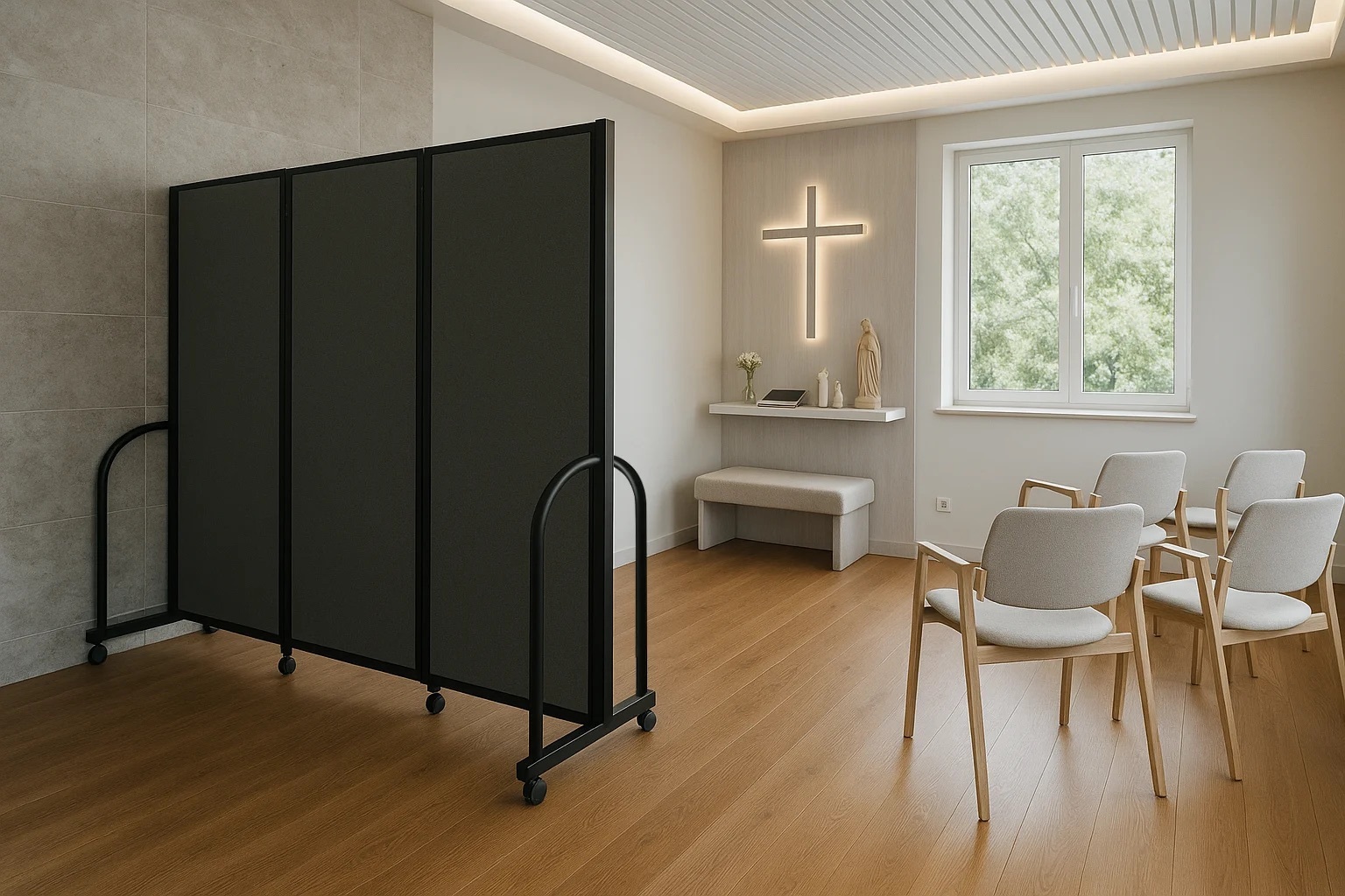 Room divider dividing a church multipurpose room with tables and chairs.