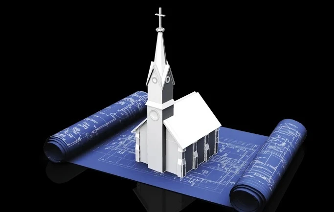 A white church image on a blueprint A white church image on a blueprint