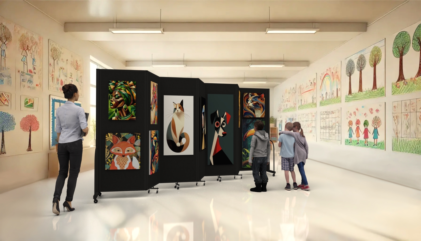Students and adults viewing artwork mounted on black room dividers in a school gallery.