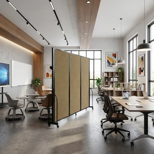 Modern office with movable divider screens separating a meeting area and workstations.