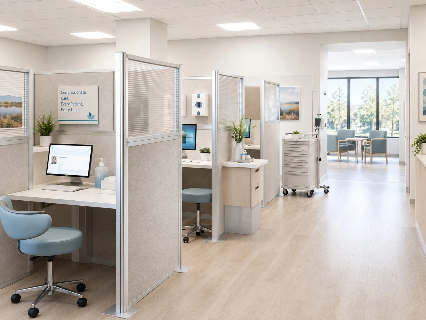 Screenflex privacy partitions creating individual patient care stations in a healthcare clinic.