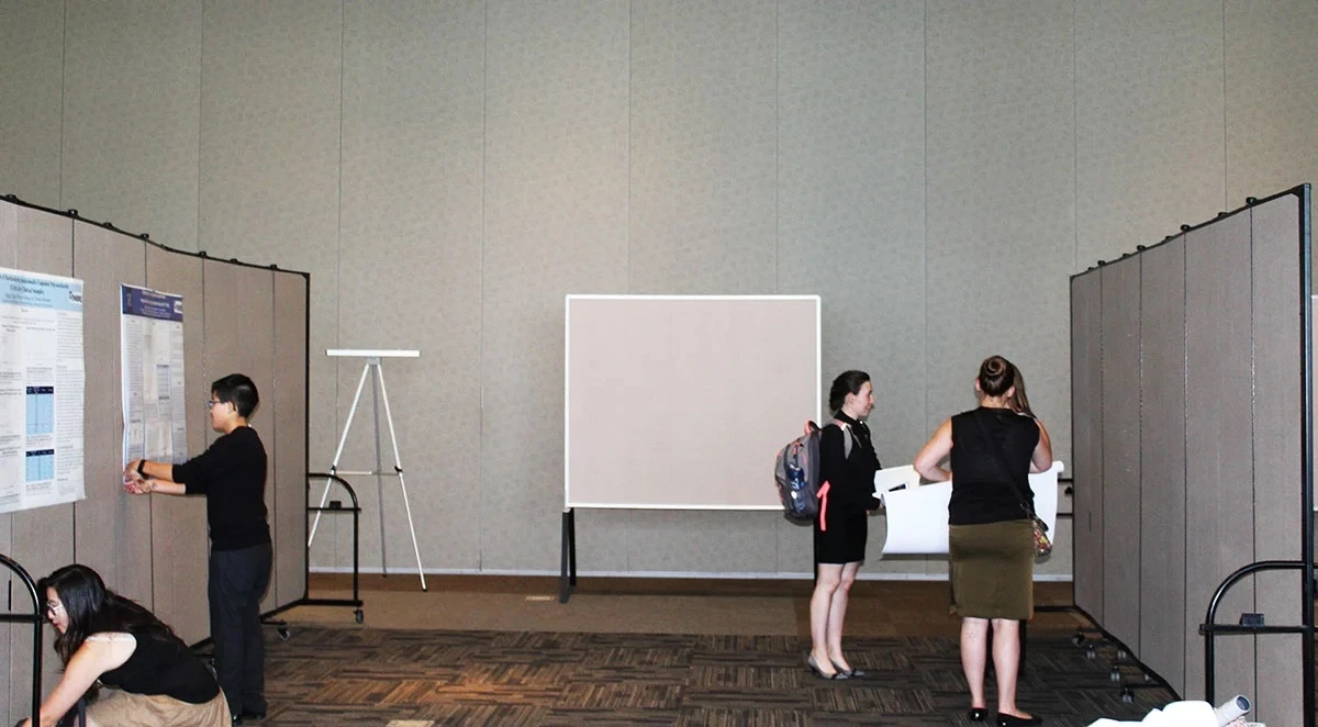 Tackable display walls arranged on each side of students displaying poster on the walls