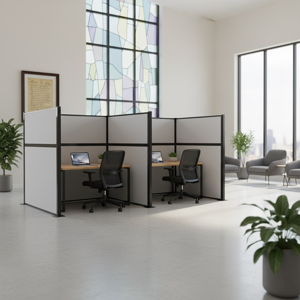 Gray workstations in a quiet room with stained-glass windows.