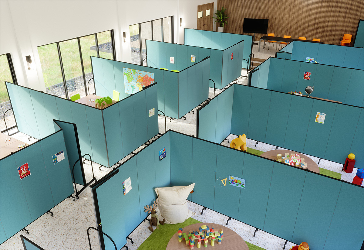 Portable classroom room dividers create separate learning and play zones in a bright early childhood environment.
