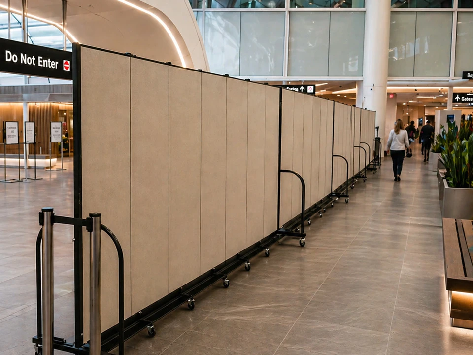 Screenflex portable partitions forming a temporary wall inside a busy airport terminal.