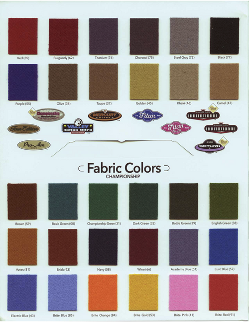 Championship Mercury Ultra Pool Table Cloth color chart