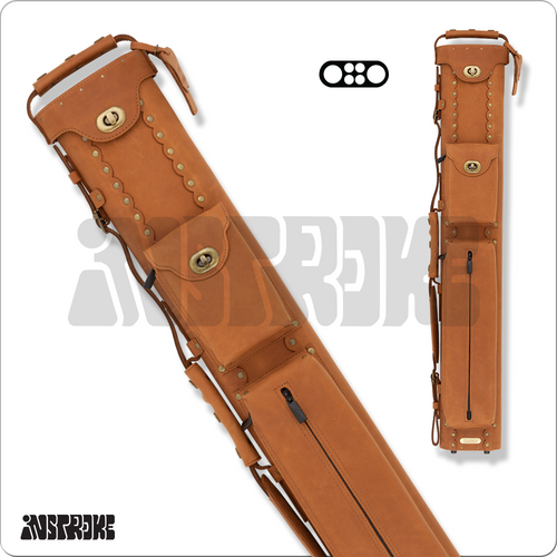  Instroke ISB24 Buffalo 2x4 brown leather cue case standing upright with two oversized accessory pockets and shoulder strap