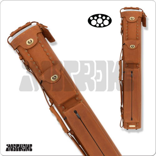 Instroke ISB37 Buffalo 3x7 brown leather cue case standing upright with two accessory pockets and shoulder strap