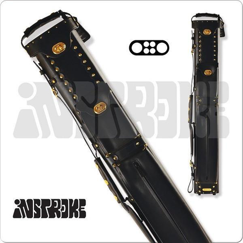 Instroke ISC24 Cowboy 2x4 black leather cue case standing upright with accessory pockets and shoulder strap