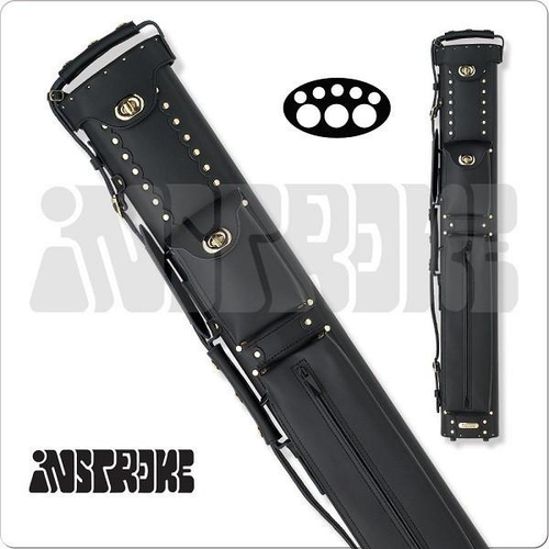 Instroke ISC35 Cowboy 3x5 black leather cue case standing upright with two accessory pockets and shoulder strap