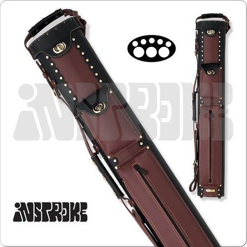 Instroke ISC35 Cowboy 3x5 black and brown leather cue case standing upright with multiple accessory pockets and shoulder strap