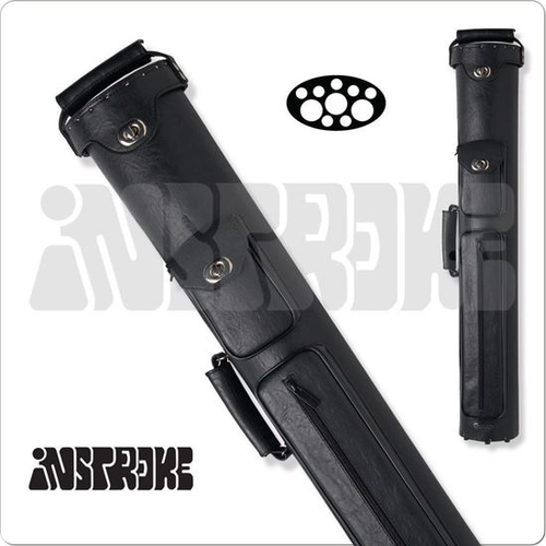 Instroke ISPR37 Premier Vinyl 3x7 black cue case standing upright with two accessory pockets and shoulder strap