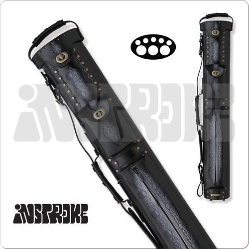  Instroke IST35 Tooled 3x5 black leather cue case standing upright with two large accessory pockets and shoulder strap
