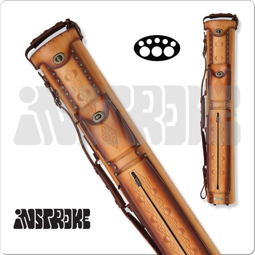 Instroke IST35 Tooled 3x5 rust leather cue case standing upright with two large pockets and shoulder strap