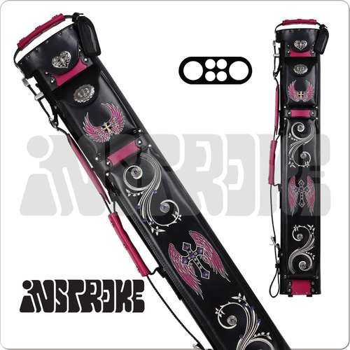 Instroke ISXB 2x4 black and fuchsia leather cue case with silver cross and wing embroidery