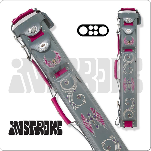 Instroke ISXL La Bella Donna 2x4 leather cue case in grey with grey and fuchsia cross and wing embroidery