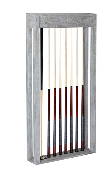Brunswick Sanibel Rustic Grey wall rack holding pool cues and balls in modern minimalist design