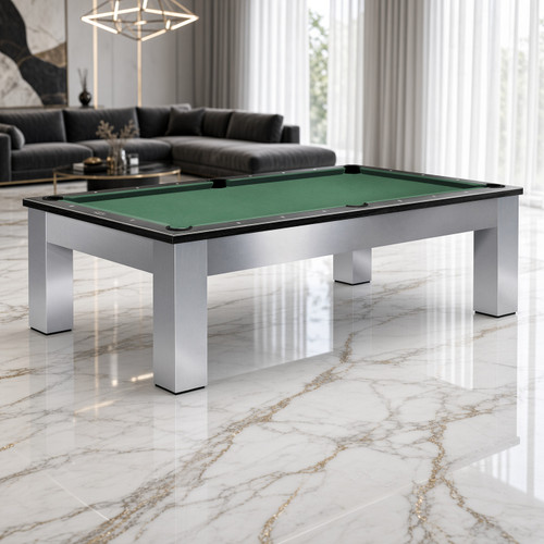 Olhausen Madison Brushed Aluminum Pool Table in modern game room with polished marble floor