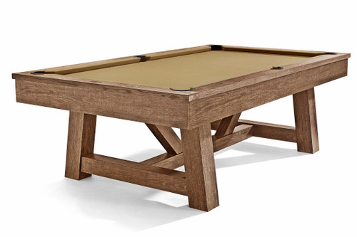 Brunswick Botanic pool table in Rustic Dark Brown finish with farmhouse pedestal legs and internal drop pockets