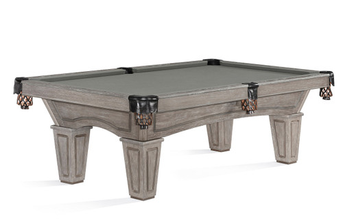 Brunswick Allenton pool table in Driftwood finish with tapered legs and leather shield pockets