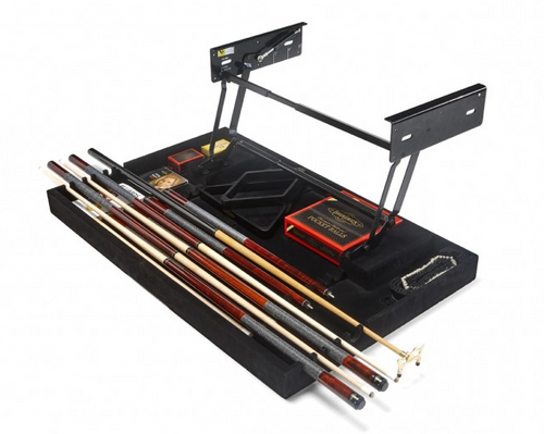 Brunswick billiard table storage drawer steel mechanical slides and gas assist hinge detail